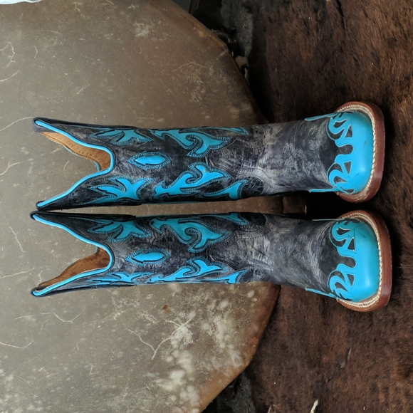 JOHNNY RINGO E1385 charcoal gray & turquoise wing tip boots square toe sz 6.5B - Picture 8 of 16